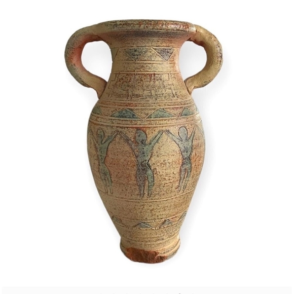 Vintage Double-Handled Rustic Terracotta Jug Vessel with People Etching Design - Picture 7 of 8